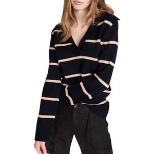 Vince Wool Cashmere Easy Stripped Johny Collar Sweater Navy Blue Cream Womens XS